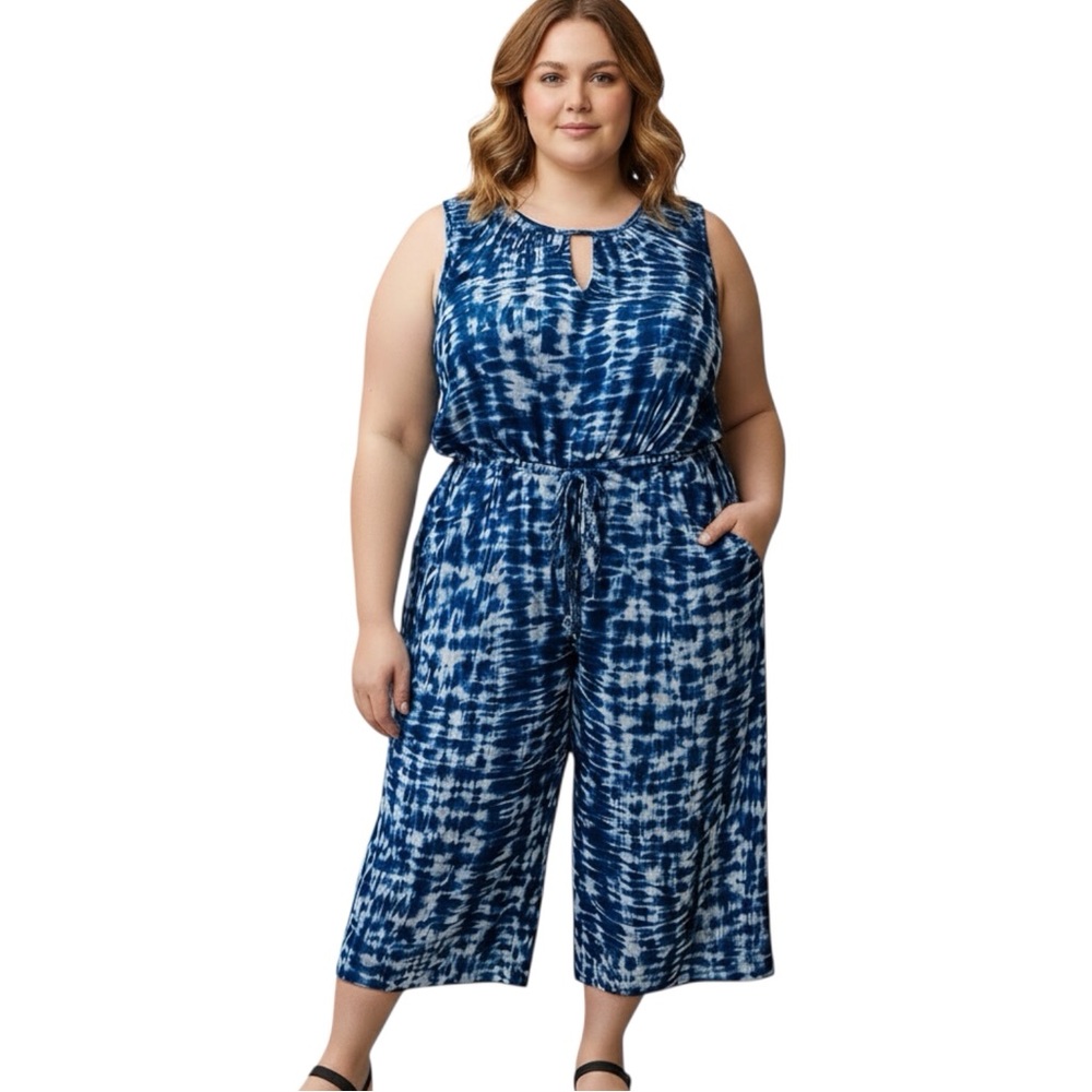 London Times 20W ❤️New❤️Tie Dye Jumpsuit Blue White Cinch Tie Waist Women